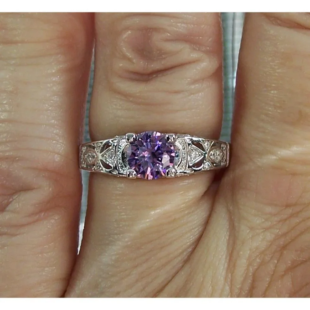 925 STERLING SILVER Round Cut Simulated Amethyst Cubic Zirconia Ring - Picture 11 of 16